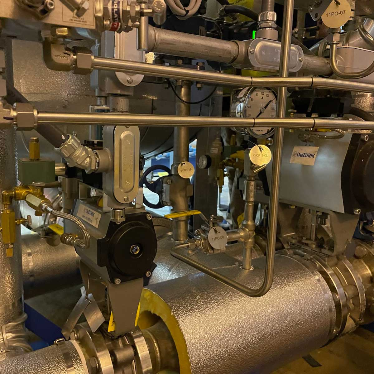 Actuated high performance butterfly valves installed in a campus facility's chilled water purification system.